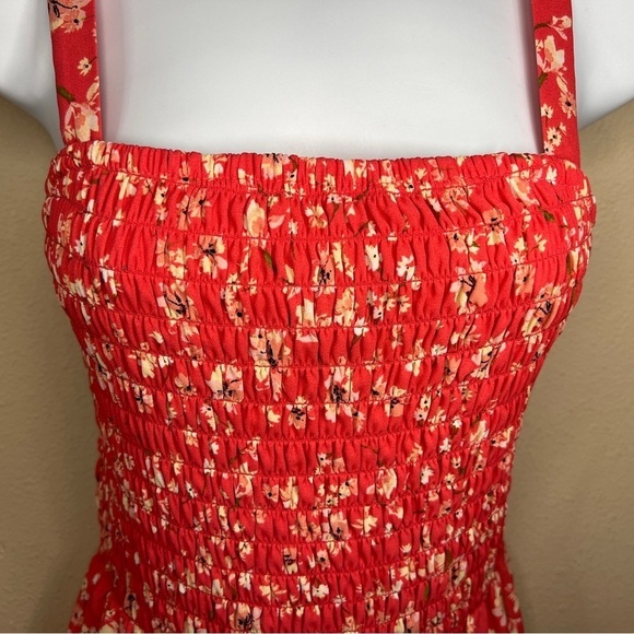 MEDIUM JUNIORS SIENNA SKY FLORAL DRESS SLEEVELESS CORAL REDORANGE STRETCH RUFFLE - Picture 3 of 11